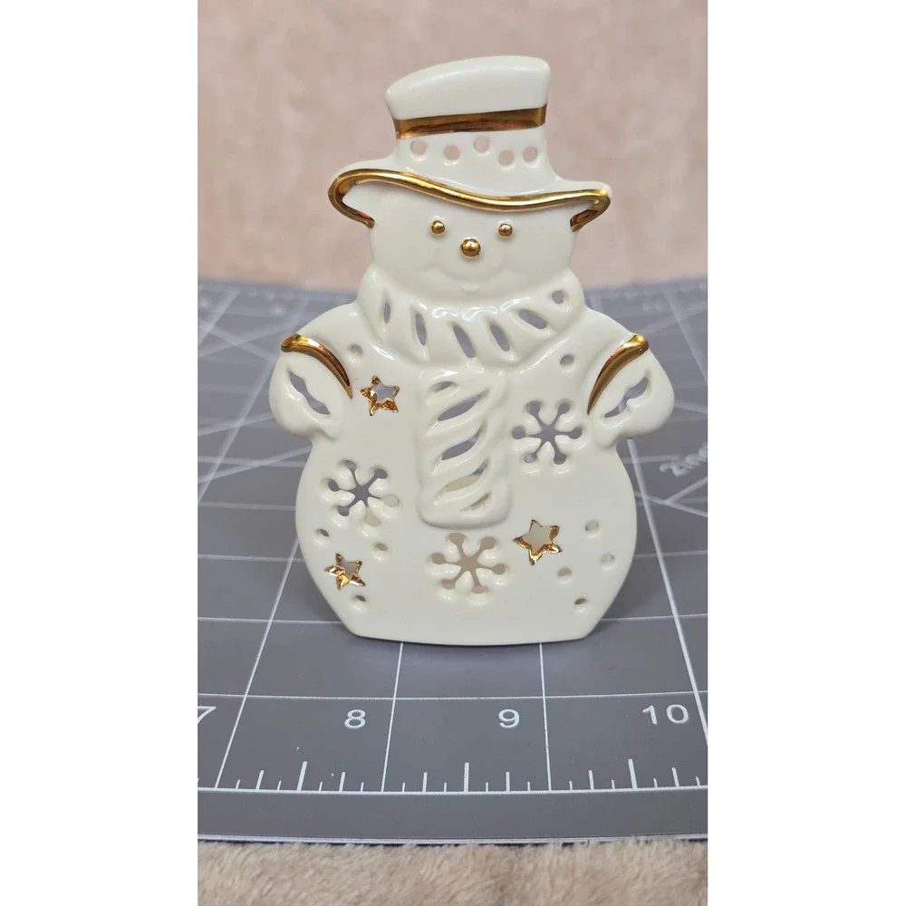 Lenox Ivory China Snowman Votive Tea Light Candle Holder Gold Trim Pierced Star